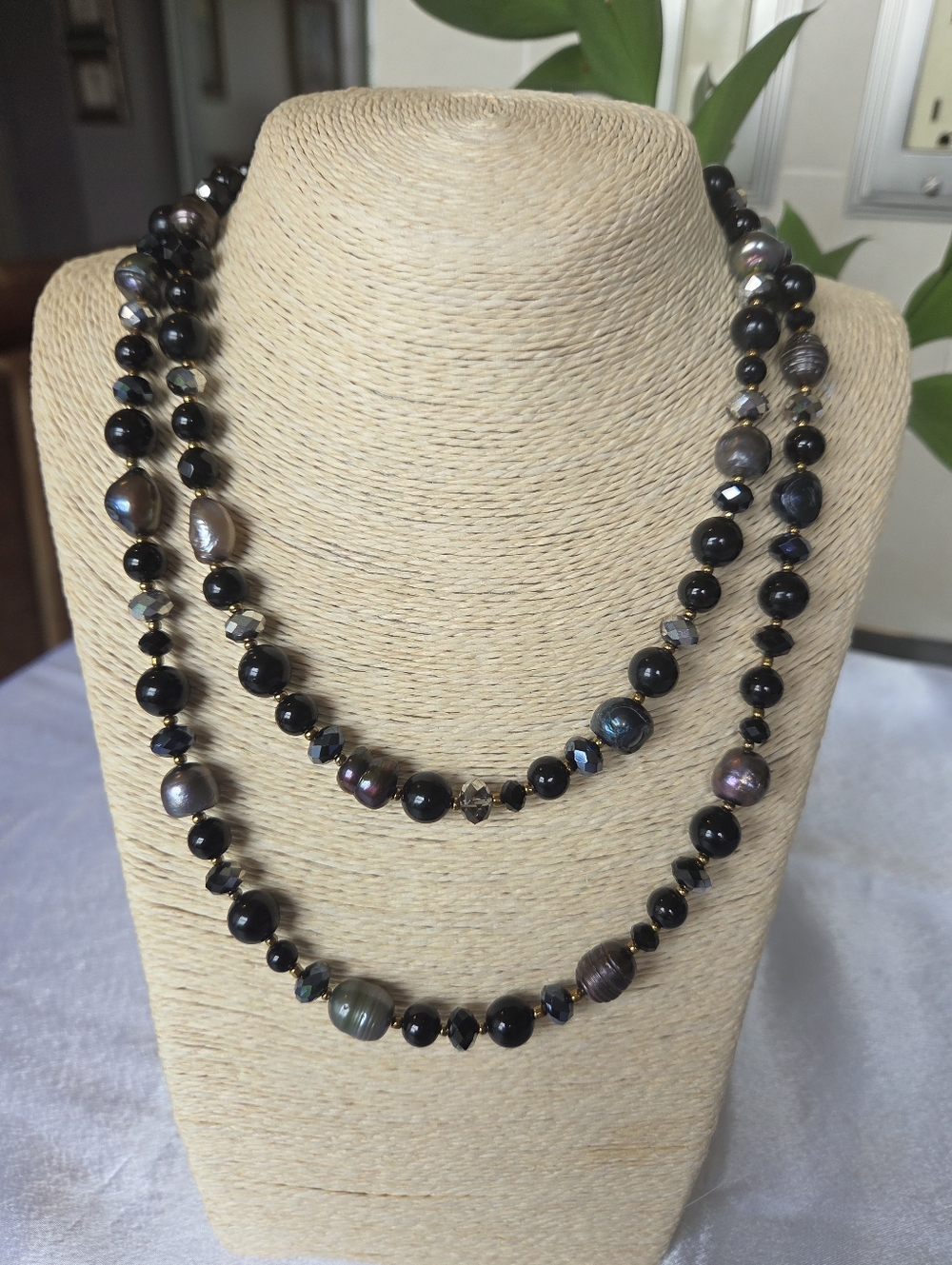 Newly Made Black Pearls. Onyx Gemstones Long Necklace, Toggle Clasp